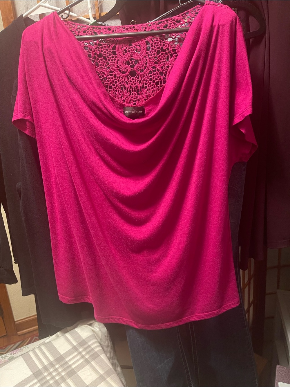 Karen Brooks Draped Cowl Neck Blouse in Hot Pink with Crochet Back